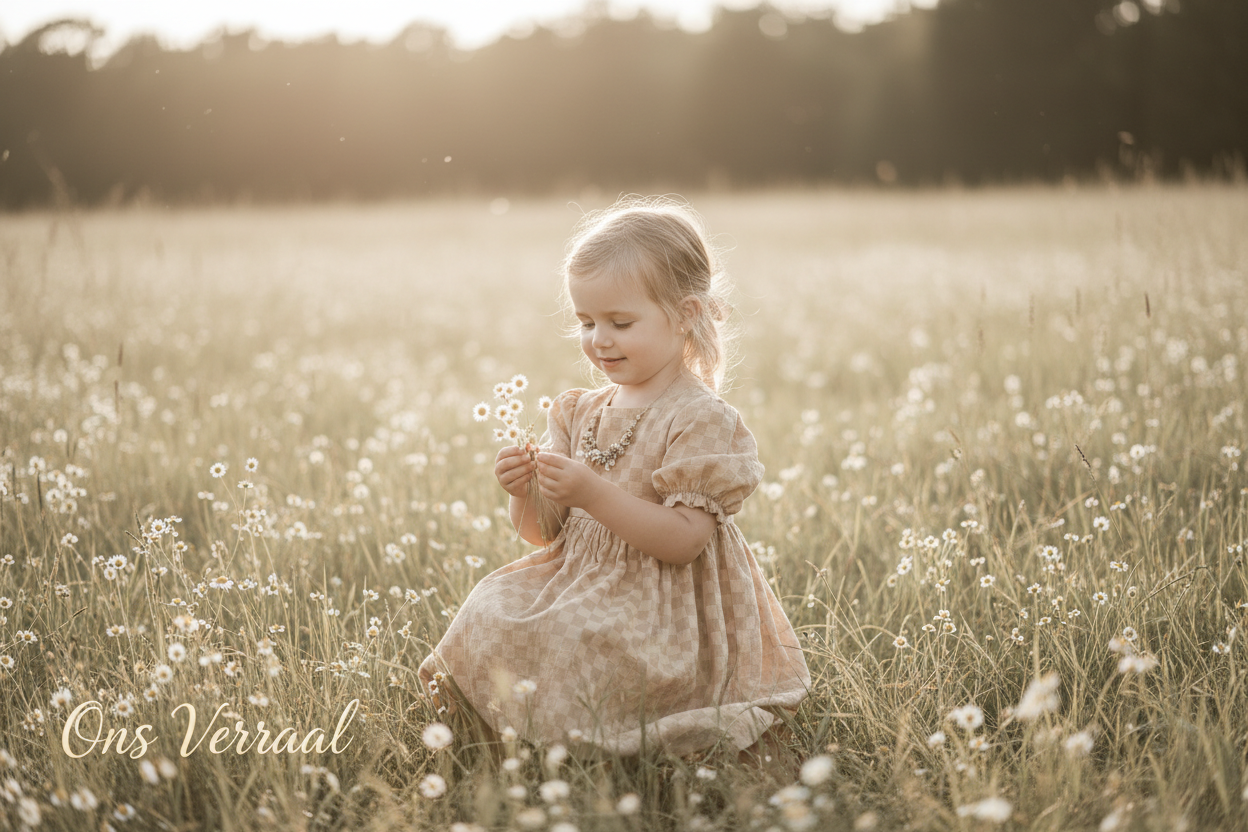 A wide horizontal banner image of a little girl in a beige vintage checkered dress, picking small white wildflowers in a soft sunlit meadow. Warm beige and pastel tones, gentle natural light, slightly desaturated vintage look, airy and calming atmosphere. Soft blurred background, delicate white flowers in her hand, storytelling aesthetic. Perfect for an “Ons Verhaal” webpage banner for a handmade botanical jewelry brand.
